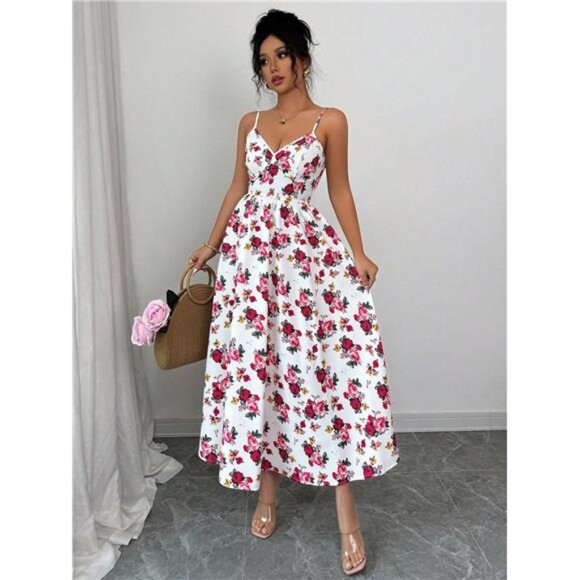 French Style Summer Floral Printed A-Line Midi Dress, Spaghetti Straps